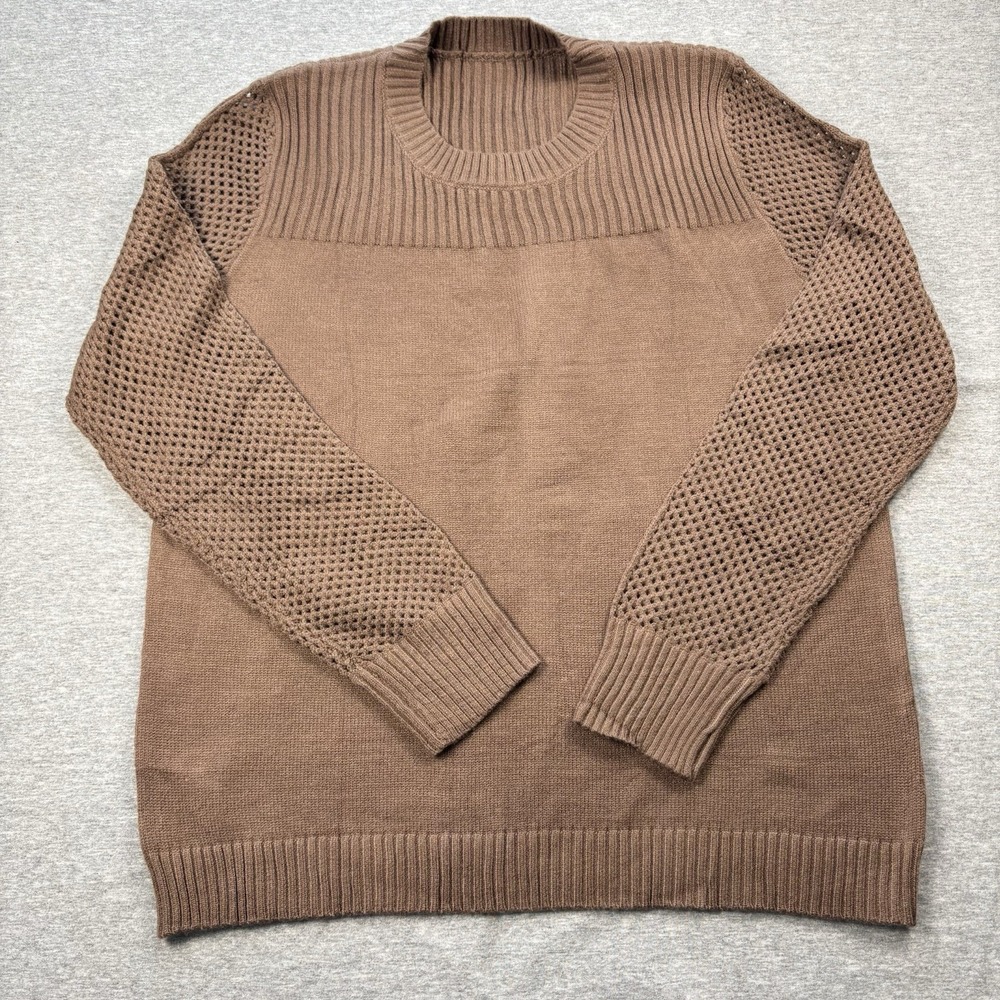 Women's XL Brown Retro Sweater With Woven Sleeve Classic Long Sleeve Ribbed